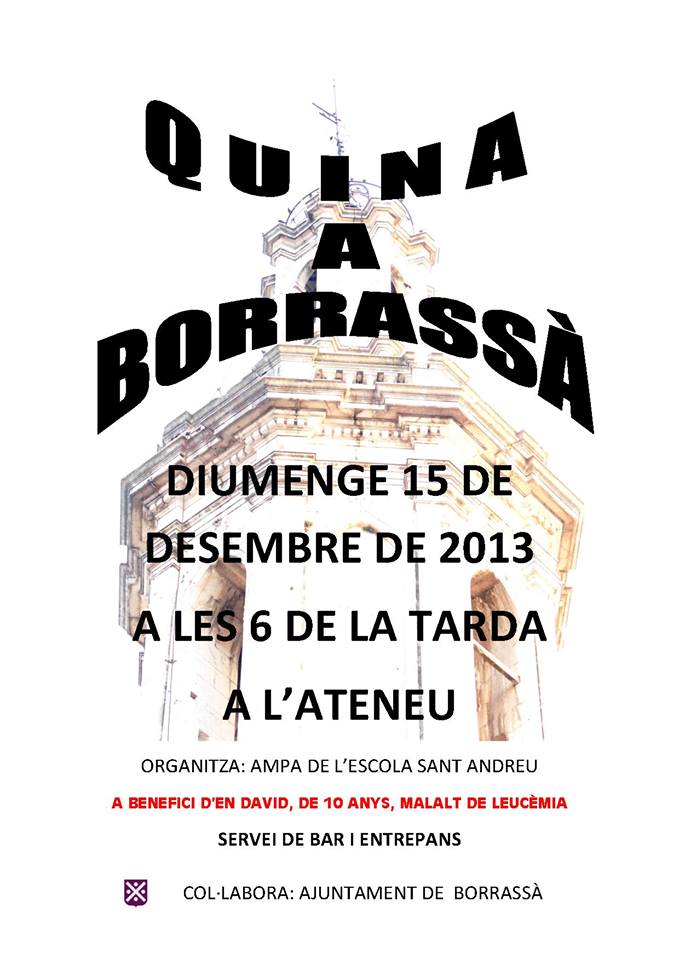 El proper diumenge 15 de desembre, l'Ateneu acollirà la quina de l'AMPA de l'escola Sant Andreu. Començarà a les 6 de la tarda. 